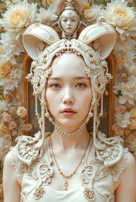 The World of Art Nouveau, best quality, masterpiece, Ultra-high resolution, (realisticlying:1.4), absurdness, (Eye focus), (face focus, Clear facial features), Complex 3d rendering of beautiful and charming biomechanical female porcelain figures, (((Has a ...