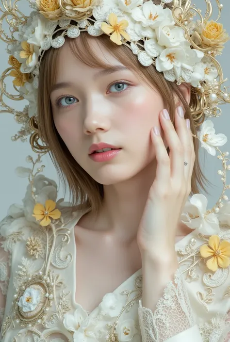 The World of Art Nouveau, best quality, masterpiece, Ultra-high resolution, (realisticlying:1.4), absurdness, (Eye focus), (face focus, Clear facial features), Complex 3d rendering of beautiful and charming biomechanical female porcelain figures, (((Has a ...