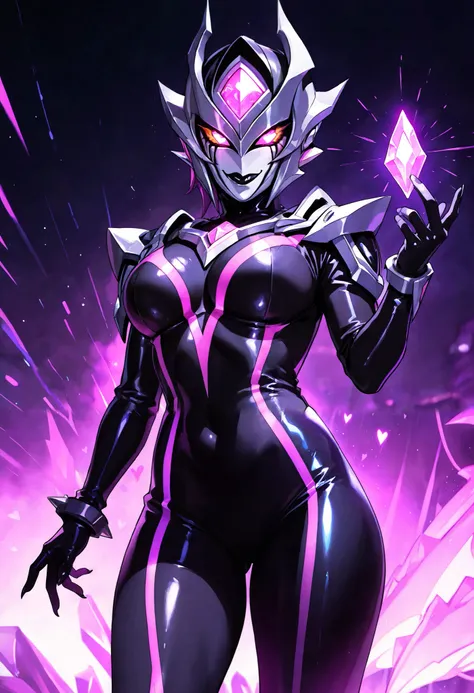 Dark UltraWoman. (high quality)(luster)((Black Face and red eyeline))(Black and purple thema color. black helmet. A full-face helmet. Pink lines. Purple glowing mechanical eyes. The whole body is covered with a black bodysuit. Thick legs. Spike decoration....