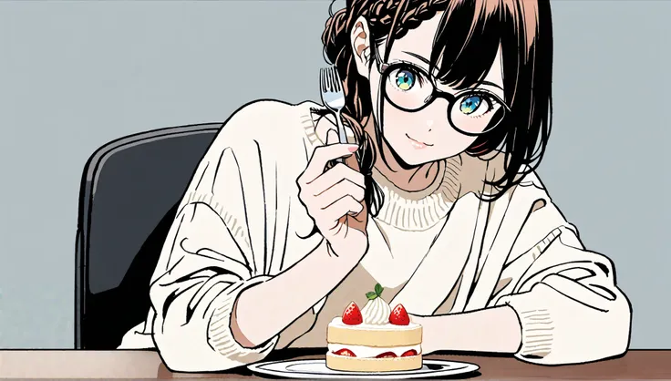 ((( stares)))、Smile、(((He holds a fork in his right hand))),(((There is a small shortcake on the table))),(((black braid long hairstyle ),()),(Pop Color)),masterpiece,、Highest quality, Beautiful attention to detail, Very detailed, In detail, High resoluti...