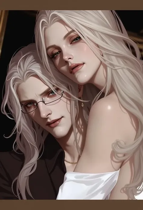 Two albino brothers with platinum hair ,  young people pose together in a luxurious Gothic castle with dim and dramatic lighting .  The man has very long light blonde hair ,  pale skin and light eyes ,  and wears an elegant Victorian outfit with a white sh...