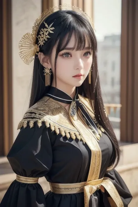 best quality , ( photorealistic:1.2), 1 GIRL, Alone, detailed face , focus on face , is standing, black hair,( hair ornament :1.35),OL, ribbon-trimmed sleeves, detach sleeve , Ribbon trim, wide sleeve, ( stare at viewers:1.5) long hair, dark eyes, bangs, l...