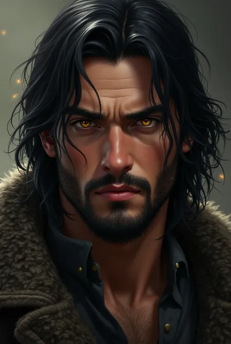  Young man Federico , shoulder-length black hair  , Eyes color of burnt wood,  has thick eyebrows and a beard on his face, Beauty Fero , Warrior and strong