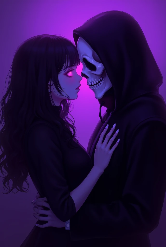 A couple, dark romance, a girl and a man, the man with a skeleton face in the style of Scream, the girl in a cute style, neon purple, softened, doll-like face, luminous, dynamic pose, dark clothing, sexy, bright purple color, high quality.