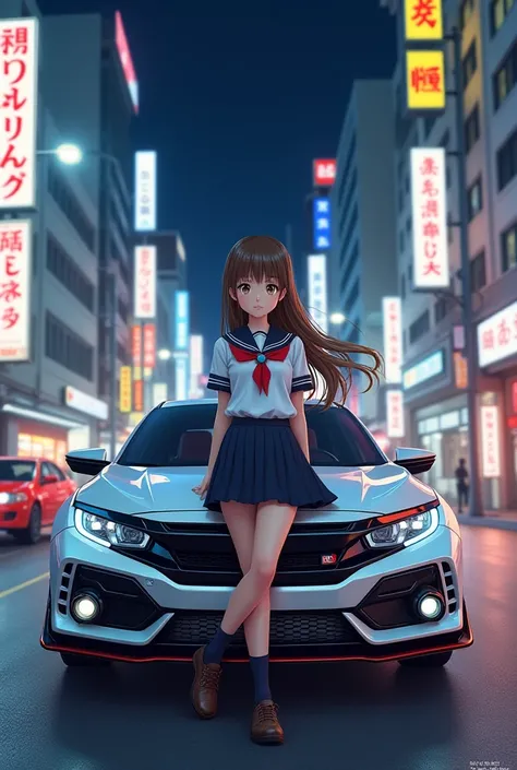 Cute Japanese girl with long brown hair wearing high school uniform short skirt posing next to a 2024 white Honda Civic Type R FL5 on the Japanese city street, no other cars. Night time