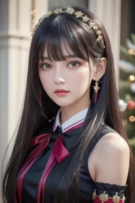 best quality , ( photorealistic:1.2), 1 GIRL, Alone, detailed face , focus on face , is standing, black hair,( hair ornament :1.35),OL, ribbon-trimmed sleeves, detach sleeve , Ribbon trim, wide sleeve, ( stare at viewers:1.5) long hair, dark eyes, bangs, l...