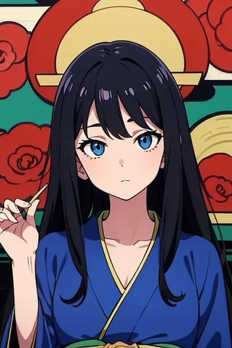  long black hair、blue blue kimono clothes、woman、Her eyes are sharp 、 facing the front、 Ukiyo-e style