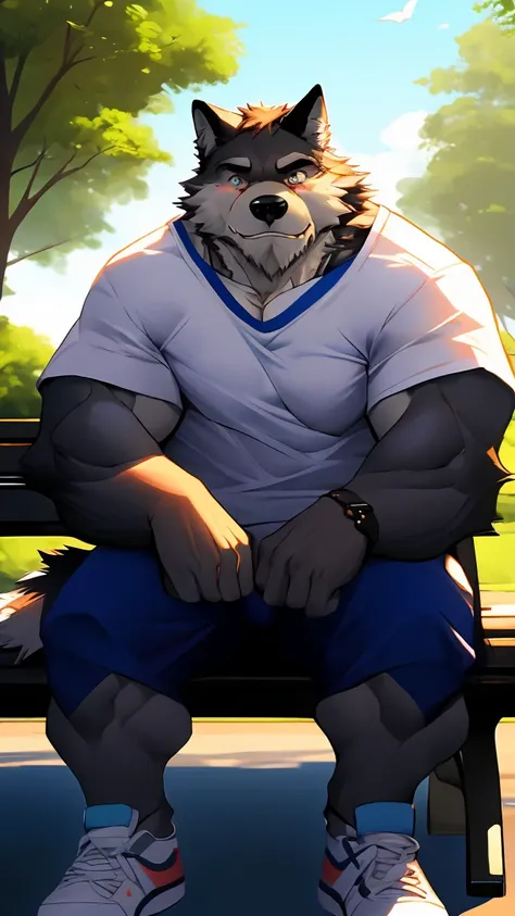 1man, Solo, From Front, Best Quality, 8k, Anthro, Furry, Dark Gray Wolf, White Breast, ((Looking At the Viewer)), Wearing A ((White)) and [Blue] Tshirt and Blue Shorts, Blushes, Frown Face, Sitting On A Bench, In A Park, 