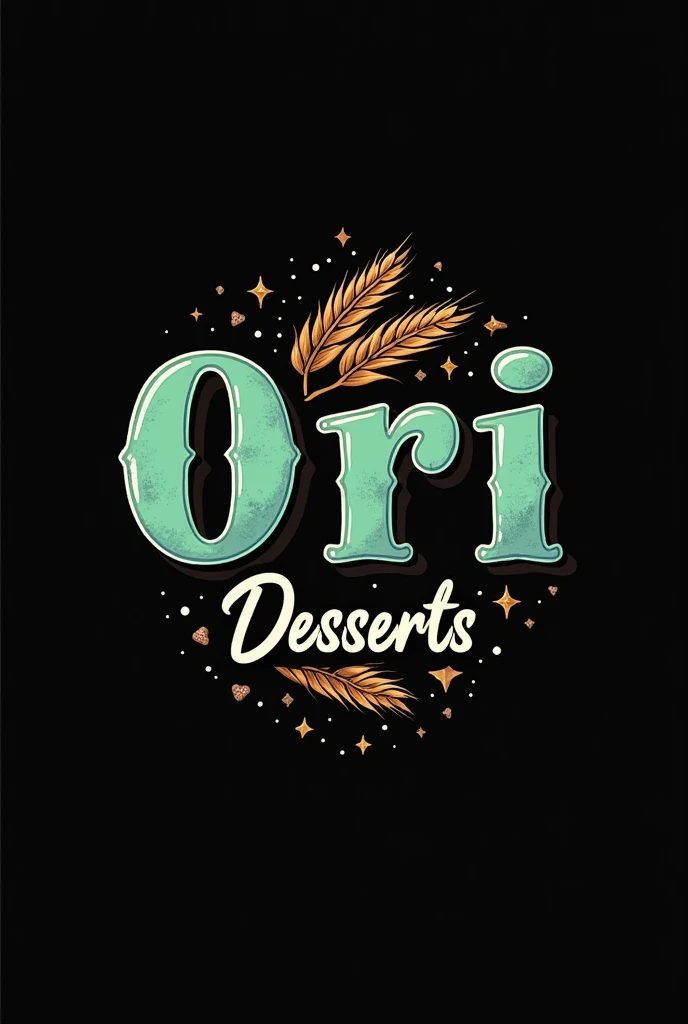 Create a logo for an Instagram dessert page that says Ori and below Desserts, I want it to be black with the letters colored like blue-green pistachio type with an abstract background image of a nut and wheat 