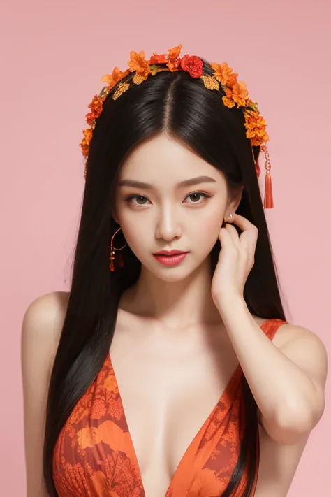 25 years old，Classic Beauty,Red Chanterelle , pink background ,plump,Tall ,Masterpiece Perspective , flower print ,hair accessories,jewelry, Earrings, best quality ,Cold,Chinese black hair, Skin Whiteness,