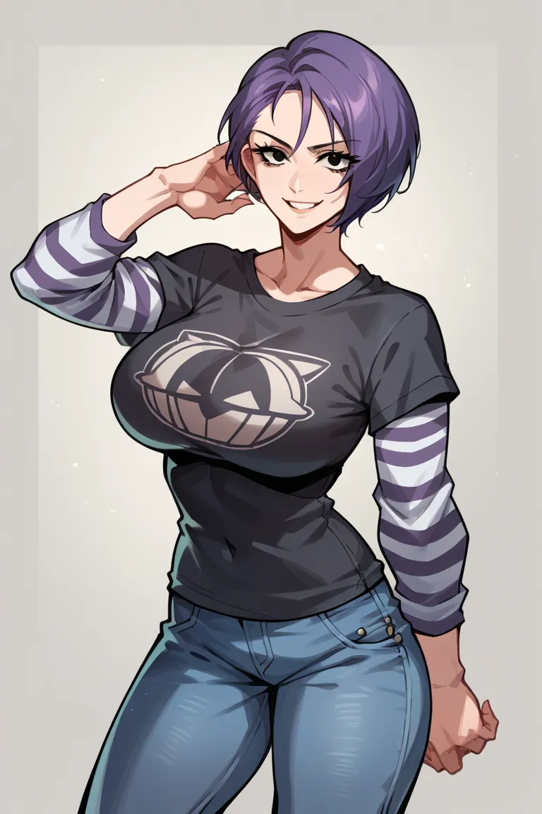  a girl, Alone ,  black short sleeve t-shirt with print,  overlapping sleeves,  long white sleeves , jeans, DefShamir ,  purple hair,  black eyes , black t-shirt over  long white sleeves ,  big breasts,  confident smile,  striped sleeves ,  arms crossed 