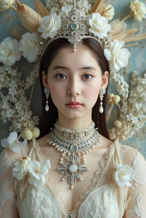 The World of Art Nouveau, best quality, masterpiece, Ultra-high resolution, (realisticlying:1.4), absurdness, (Eye focus), (face focus, Clear facial features), Complex 3d rendering of beautiful and charming biomechanical female porcelain figures, (((Has a ...