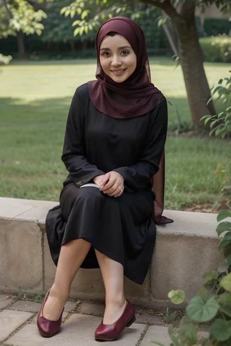 A woman wearing a hijab.  Wears long Khimar and maroon red longdress,  wearing black slipper shoes , Sitting in the garden , there lovebirt . She is smile