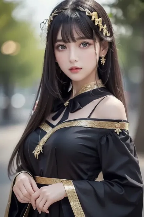 best quality , ( photorealistic:1.2), 1 GIRL, Alone, detailed face , focus on face , is standing, black hair,( hair ornament :1.35),OL, ribbon-trimmed sleeves, detach sleeve , Ribbon trim, wide sleeve, ( stare at viewers:1.5) long hair, dark eyes, bangs, l...