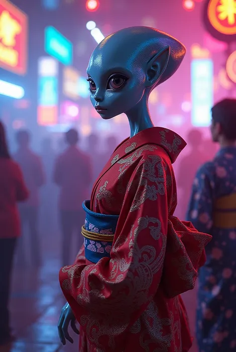 An image of a beautiful alien in a kimono costume visiting a nightclub 
Please thank you I love you