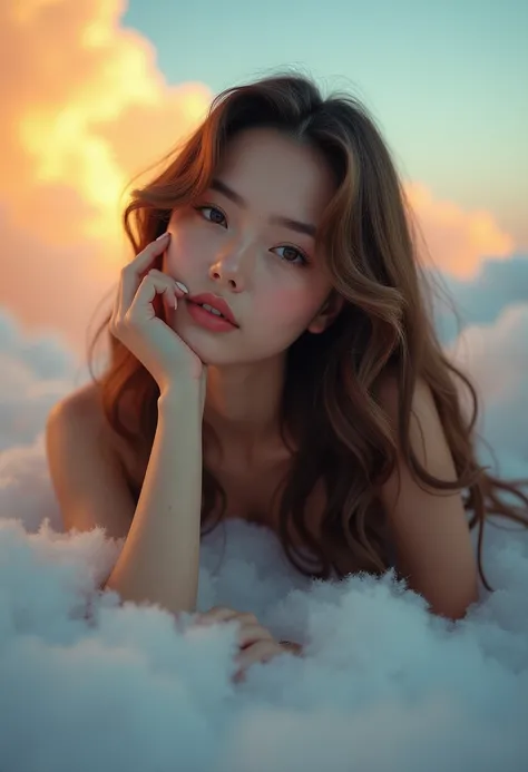 The image features a young woman lying on fluffy, cloud-like material, creating a dreamy and ethereal atmosphere. The lighting is a mix of warm orange and cool blue hues, giving the impression of a surreal sunset or a fantasy-like setting. The woman has lo...