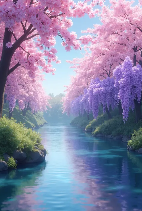 Cherry blossom with lilac blossom on the river