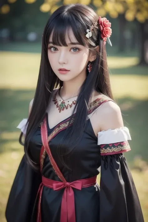 best quality , ( photorealistic:1.2), 1 GIRL, Alone, detailed face , focus on face , is standing, black hair,( hair ornament  :1.35),OL, ribbon-trimmed sleeves, detach sleeve , Ribbon trim, wide sleeve, ( stare at viewers:1.5) long hair, dark eyes, bangs, ...