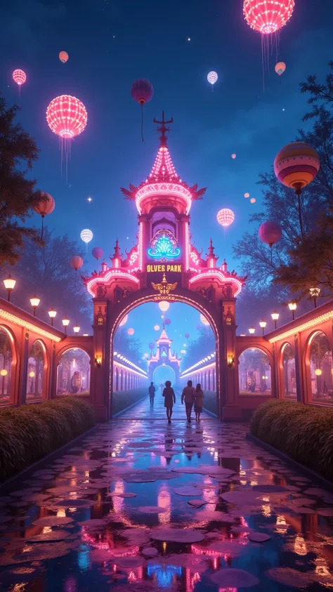  fantasy theme park 『Exciting Land 』Scenery of。 entrance with colorful neon lights 、Aerial Floating Amusement Park、メリーゴーランドやジェットコースターが幻想的に光る夜Scenery of。 with a dreamy worldview 、 colorful balloons and magical effects dance 。 a scene that both ren and adult...