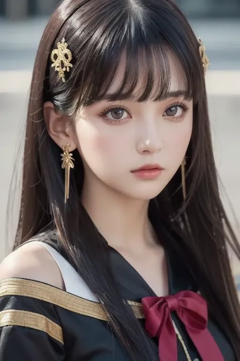 best quality , ( photorealistic:1.2), 1 GIRL, Alone, detailed face , focus on face , is standing, black hair,( hair ornament  :1.35),OL, ribbon-trimmed sleeves, detach sleeve , Ribbon trim, wide sleeve, ( stare at viewers:1.5) long hair, dark eyes, bangs, ...