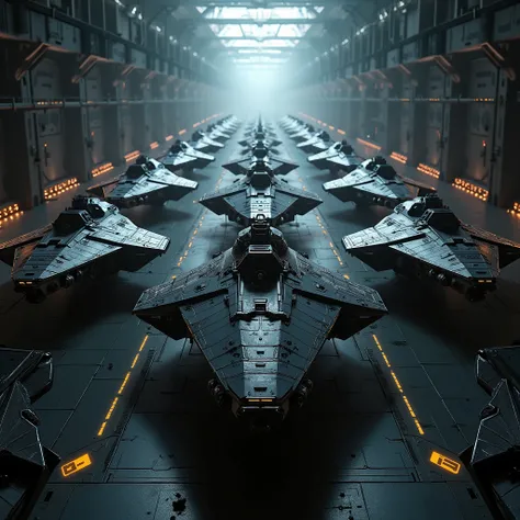 in the battlespace ship, realistic 4k, huge hallway lining up many super high tech large military black space fighter ships