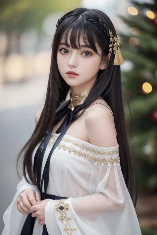 best quality , ( photorealistic:1.2), 1 GIRL, Alone, detailed face , focus on face , is standing, black hair,( hair ornament :1.35),OL, ribbon-trimmed sleeves, detach sleeve , Ribbon trim, wide sleeve, ( stare at viewers:1.5) long hair, dark eyes, bangs, l...