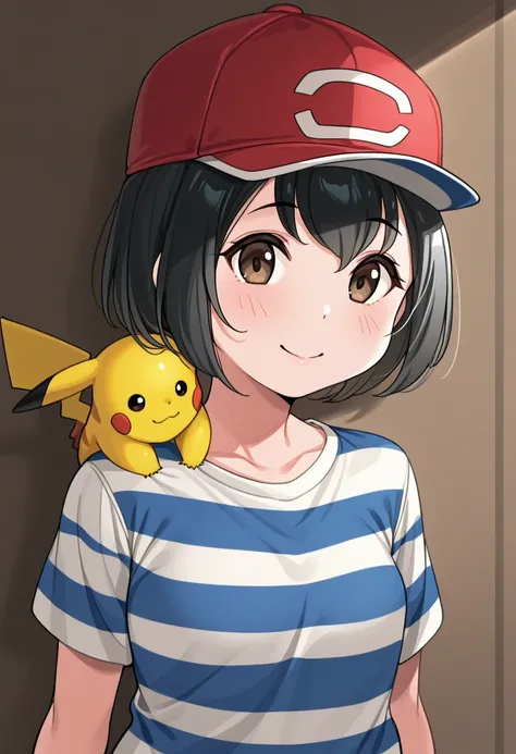  Masterpiece,   best quality, 
, 1 ,  female focus ,  alone,  brown eyes,  black hair, tem,  baseball cap , red cap, shirt, t-shirt, striped shirt, striped,
pikachu, pikachu (Pokémon), Pokémon on shoulder,  smile,  smile,
open air,