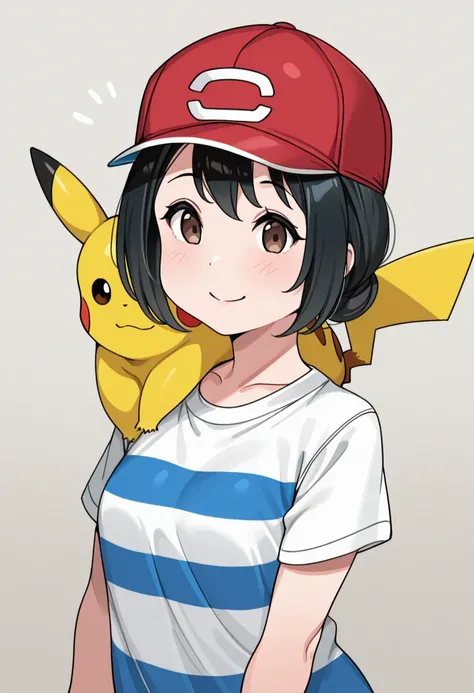  Masterpiece,   best quality, 
, 1 ,  female focus ,  alone,  brown eyes,  black hair, tem,  baseball cap , red cap, shirt, t-shirt, striped shirt, striped,
pikachu, pikachu (Pokémon), Pokémon on shoulder,  smile,  smile,
open air,