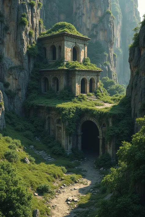 Dans le creux d une falaise une vieille construction en ruines  , tout est envahi enseveli par la végétation , ,photo réaliste  ,arbuste  , vue du haut,vu plongeante  