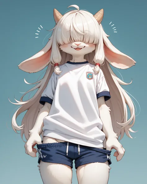 school girl , furry female goat , petit , geek , Introvert , long hair , bangs , hair over eyes , baggy sloppy school gym uniform , bold action , (gym shorts pull:0.7) , groin