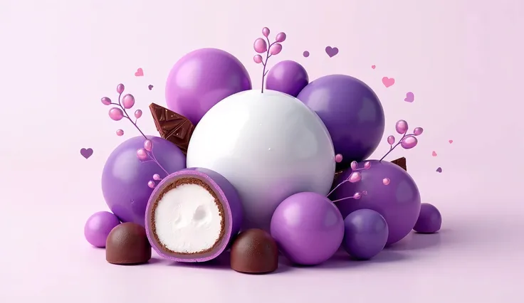  make a logo composed of purple candy balls , chocolate, AND white sphere color .  name it PastillyAZZ and show the marshmallow filling inside the ball