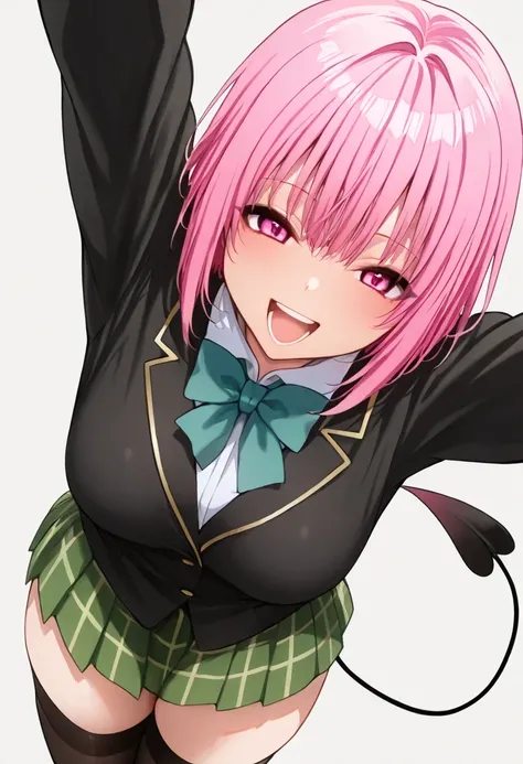 alone, girl, Momo from To love ru, pink hair, bob haircut, pink eyes,yellow cardinal, school uniform from to love ru, momo demon tail, momos tail, perfect breast, perfect thighs, black mid-thigh stockings,, dynamic pose ,happy smile, open mouth, teeth, dyn...