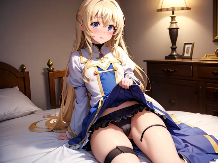 Master piece,best quality,nsfw, Priestess Priestess / Goblin Slayer,embarrassed,blush,open clothes,skirt lift,white frilled,panty,on bedroom,throw