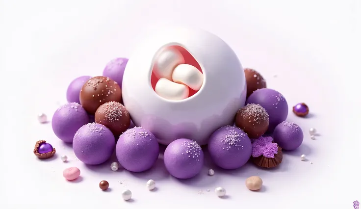  make a logo composed of purple candy balls , chocolate, AND white sphere color .  name it PastillyAZZ and show the marshmallow filling inside the ball