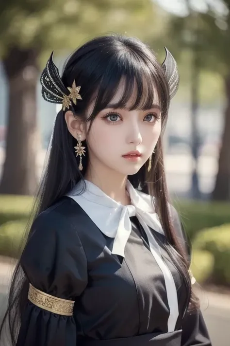 best quality , ( photorealistic:1.2), 1 GIRL, Alone, detailed face , focus on face , is standing, black hair,( hair ornament  :1.35),OL, ribbon-trimmed sleeves, detach sleeve , Ribbon trim, wide sleeve, ( stare at viewers:1.5) long hair, dark eyes, bangs, ...