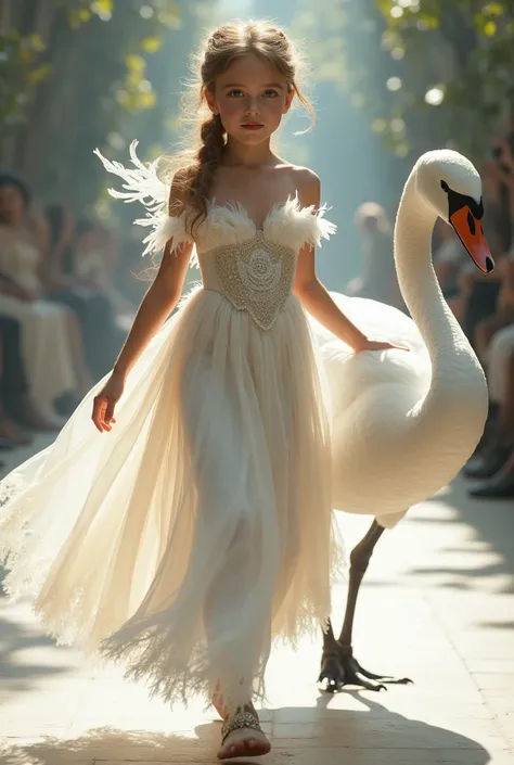 A young girl in a flowing white gown with feathered accents, walking down a runway with a graceful swan beside her, both exuding elegance.