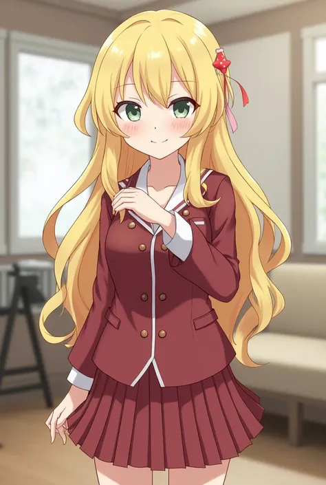 Girl from Boku no Hiro Academy with blond hair and red highlights a little wavy but straight , one eye is light green and the other gray who is wearing the UA uniform and in the background the living room 