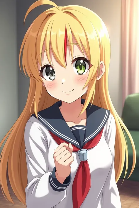 Girl from Boku no Hiro Academy with blond hair and red highlights a little wavy but straight , one eye is light green and the other gray who is wearing the UA uniform and in the background the living room 