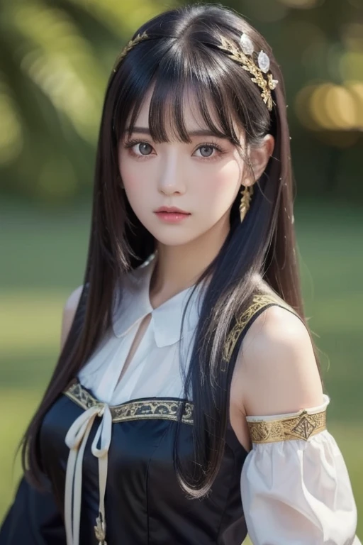 best quality , ( photorealistic:1.2), 1 GIRL, Alone, detailed face , focus on face , is standing, black hair,( hair ornament  :1.35),OL, ribbon-trimmed sleeves, detach sleeve , Ribbon trim, wide sleeve, ( stare at viewers:1.5) long hair, dark eyes, bangs, ...