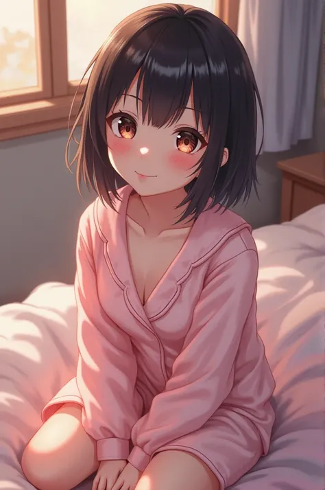 Create an anime girl. She is a cute japanese vampire girl with dark straight short hair, bright Brown eyes and a cute smile. She is wearing pijamas and is sitting on a bed. She ia Very short and petite 