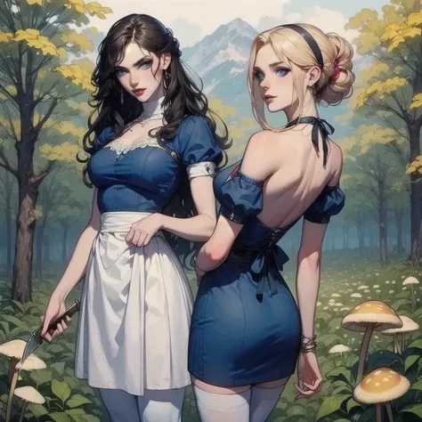 1 ,  alone,  Masterpiece,   best quality,  round breasts, score_9, score_8_above, score_7_above, score_6_above, score_5_above, score_4_above, Alice Wonder ,  blonde hair,  blue eyes,  black hair band,  blue dress, white apron, bow back ,  white pantyhose ,...