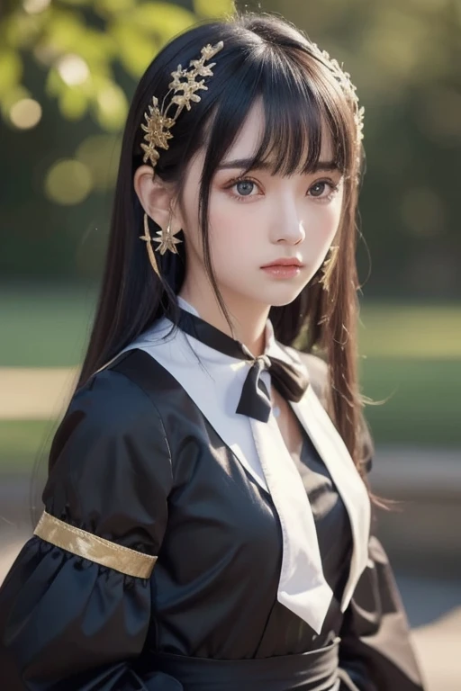 best quality , ( photorealistic:1.2), 1 GIRL, Alone, detailed face , focus on face , is standing, black hair,( hair ornament  :1.35),OL, ribbon-trimmed sleeves, detach sleeve , Ribbon trim, wide sleeve, ( stare at viewers:1.5) long hair, dark eyes, bangs, ...