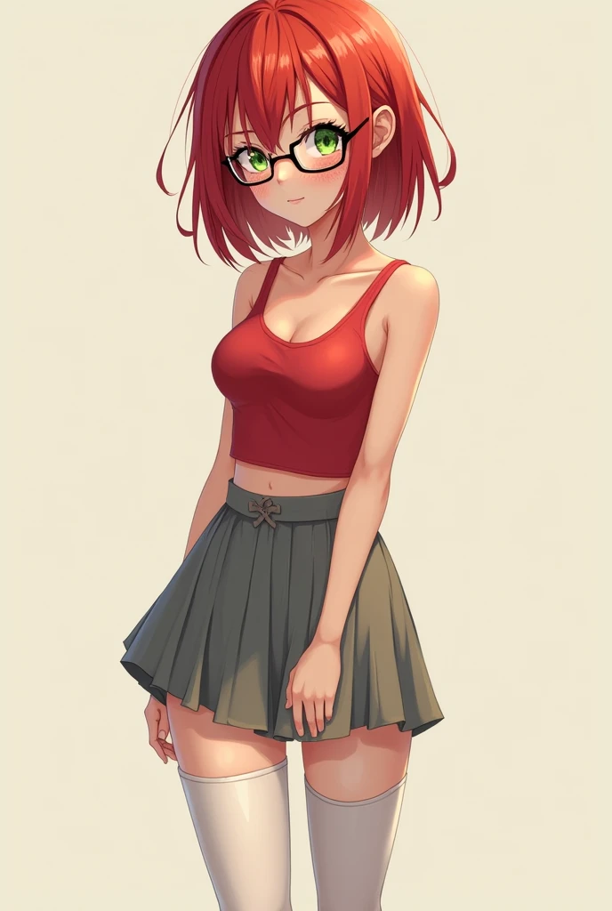 anime adult woman, freckles, green eyes, glasses, shoulder length red hair, red tank top shirt, grey skirt with long white stockings and brown flats.