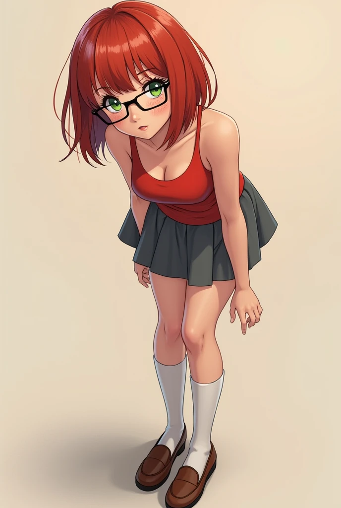 anime adult woman, freckles, green eyes, glasses, shoulder length red hair, red tank top shirt, grey skirt with long white stockings and brown flats.