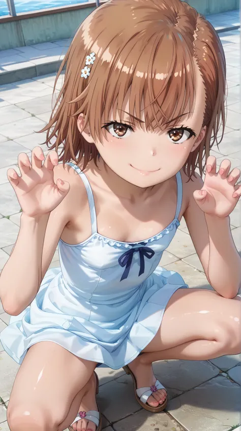 (UHD, retina, masterpiece, accurate, anatomically correct, super detail, high details,      highres, 1080P, 16k:1.3)、 (misaka mikoto:1.3)、 short hair, brown hair、(very flat chest:1.5)、(Shiny skin:1.3)、(sundress, white dress, sleeveless、squatting、claw pose:...