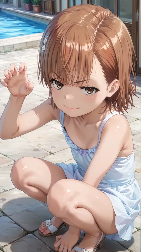 (UHD, retina, masterpiece, accurate, anatomically correct, super detail, high details,      highres, 1080P, 16k:1.3)、 (misaka mikoto:1.3)、 short hair, brown hair、(very flat chest:1.5)、(Shiny skin:1.3)、(sundress, white dress, sleeveless、squatting、claw pose:...