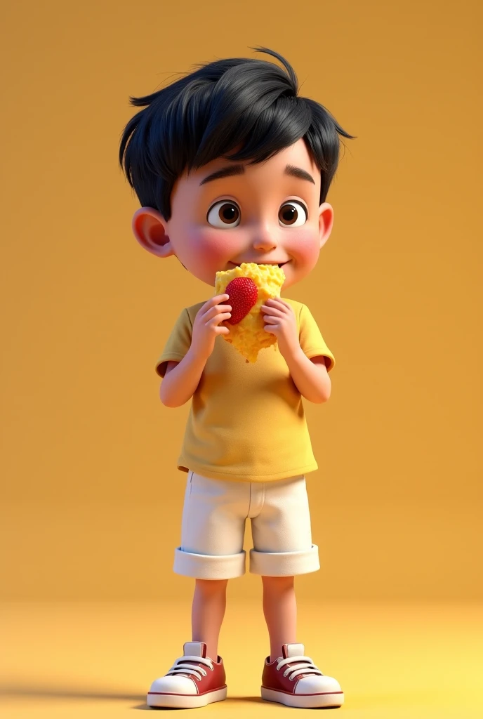 TETECO A  BOY WEARING A BEIGE T-SHIRT AND WHITE SHORTS EATING A SNACK FOR BREAKFAST , STYLE 3d animation, disney pixar