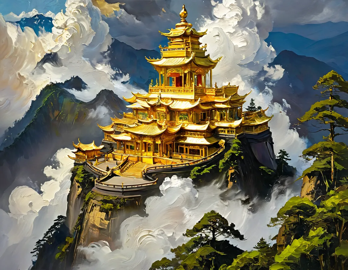 Paint the golden figure of Samantabhadra on Mount Emei, allowing swirling clouds to frame the statue's regal triple-headed design. It should look like as if its Handmade Oil painting, Brushstrokes in Impasto, dry brushing, revealing lower layers, abstract ...