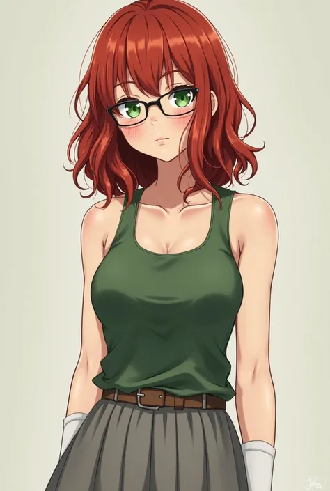 anime 37-year-old adult woman, freckles, green eyes, glasses, shoulder length red hair, green tank top shirt, grey skirt with long white stockings and brown flats.