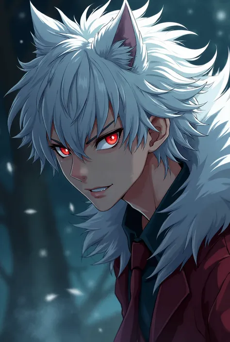 A 16-year-old werewolf boy with white hair and red eyes anime 